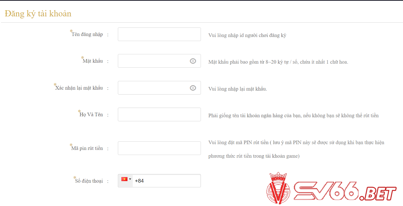 Đăng ký tài khoản SV66 hoàn toàn miễn phí 