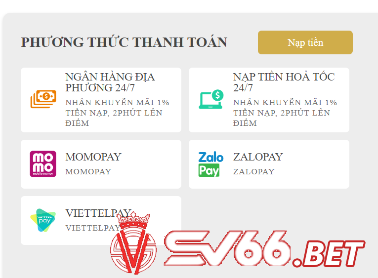 Thực hiện giao dịch nạp tiền tại nhà cái SV66
